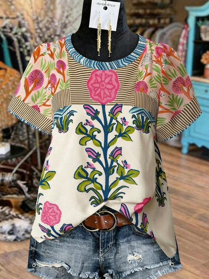 DrmWander Plus Size Women Striped Round Neck Short Sleeve Casual Loose T-Shirt