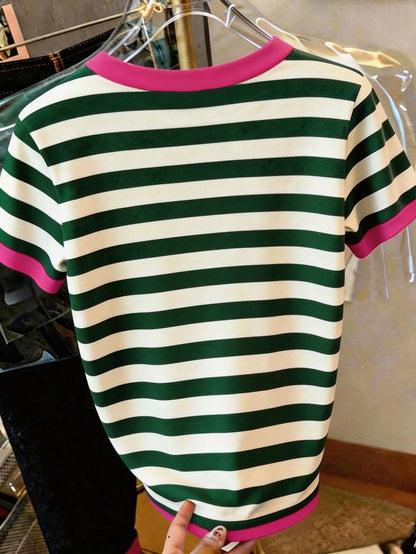 DrmWander Plus Size Women Striped Round Neck Short Sleeve Casual Loose T-Shirt