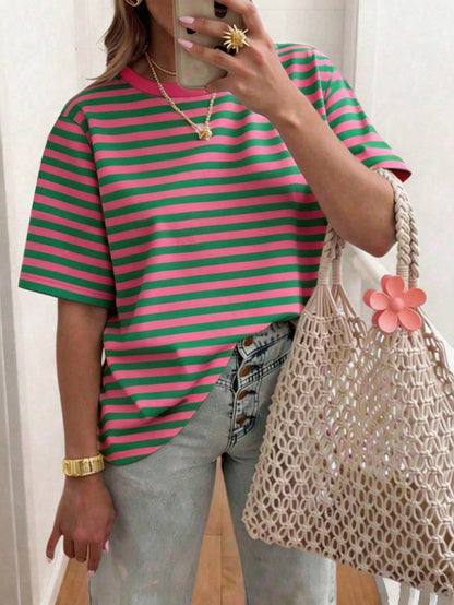 DrmWander Plus Size Women Striped Round Neck Short Sleeve Casual Loose T-Shirt