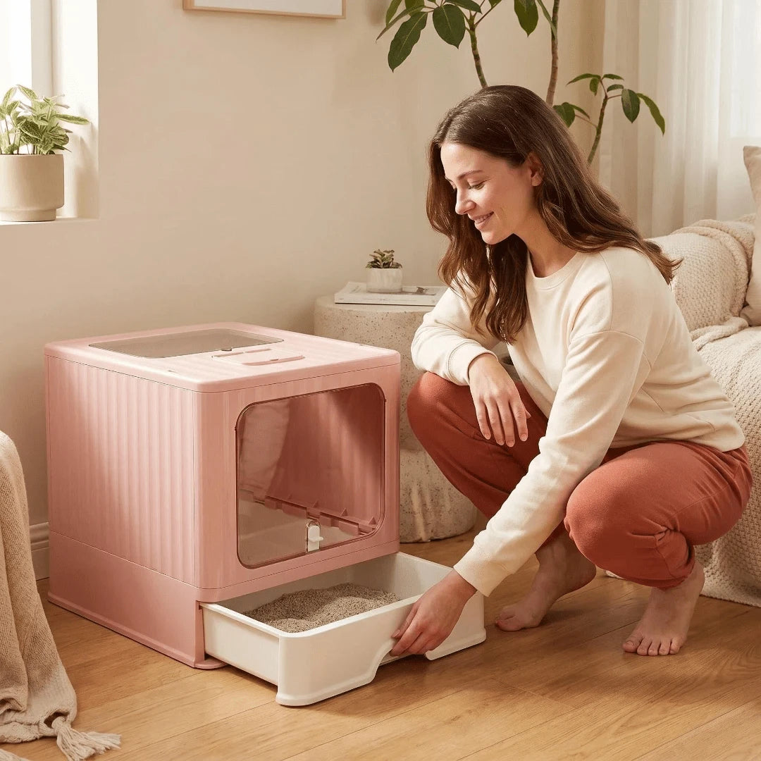 Dual Entry Enclosed Cat Litter Box, Top & Front Entry Hooded Kitty Litter Box With Drawer, Anti-Splashing & Odor Control For Large Cats & Multi-Cat Household (Pink & Gray)