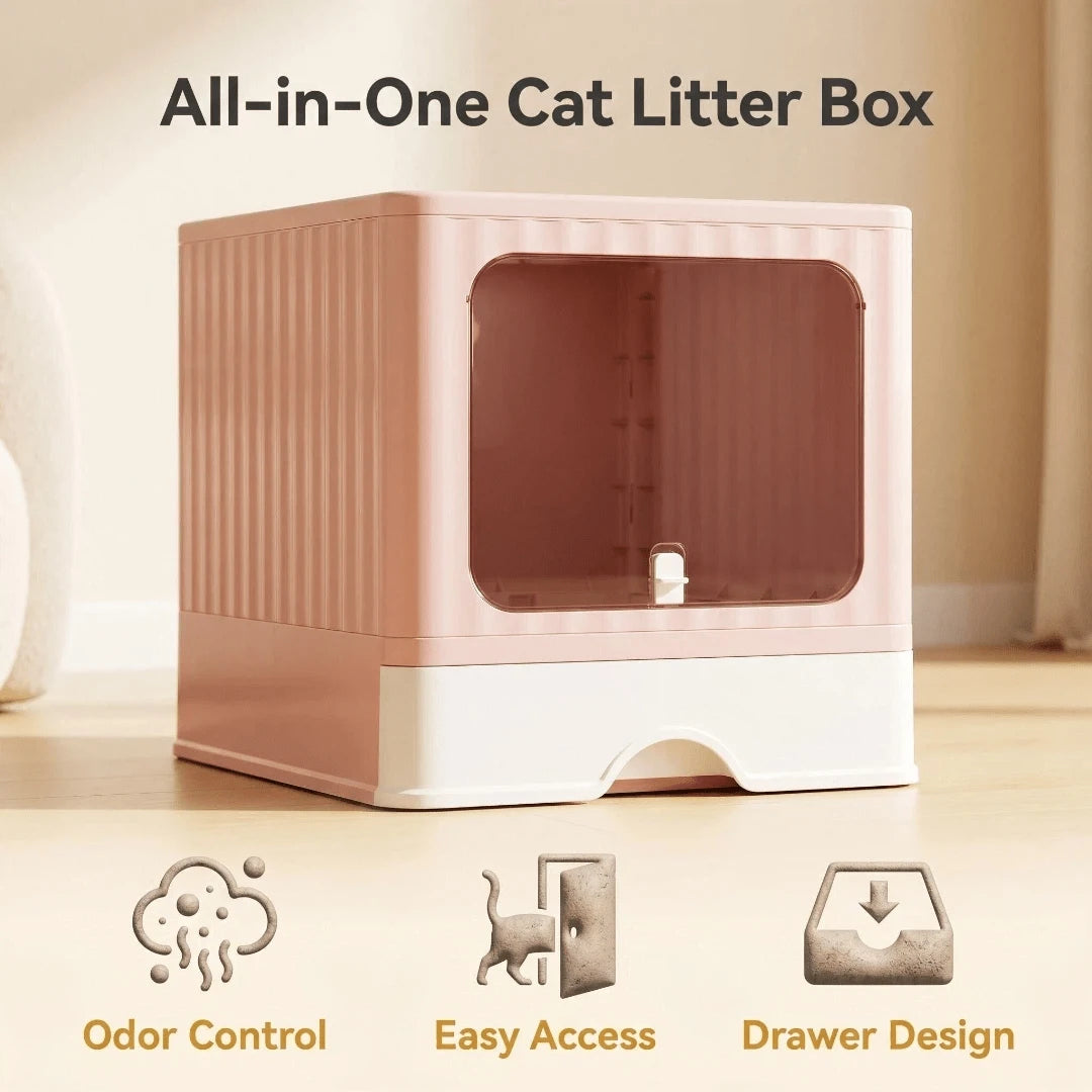 Dual Entry Enclosed Cat Litter Box, Top & Front Entry Hooded Kitty Litter Box With Drawer, Anti-Splashing & Odor Control For Large Cats & Multi-Cat Household (Pink & Gray)