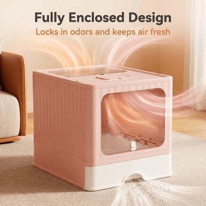 Dual Entry Enclosed Cat Litter Box, Top & Front Entry Hooded Kitty Litter Box With Drawer, Anti-Splashing & Odor Control For Large Cats & Multi-Cat Household (Pink & Gray)