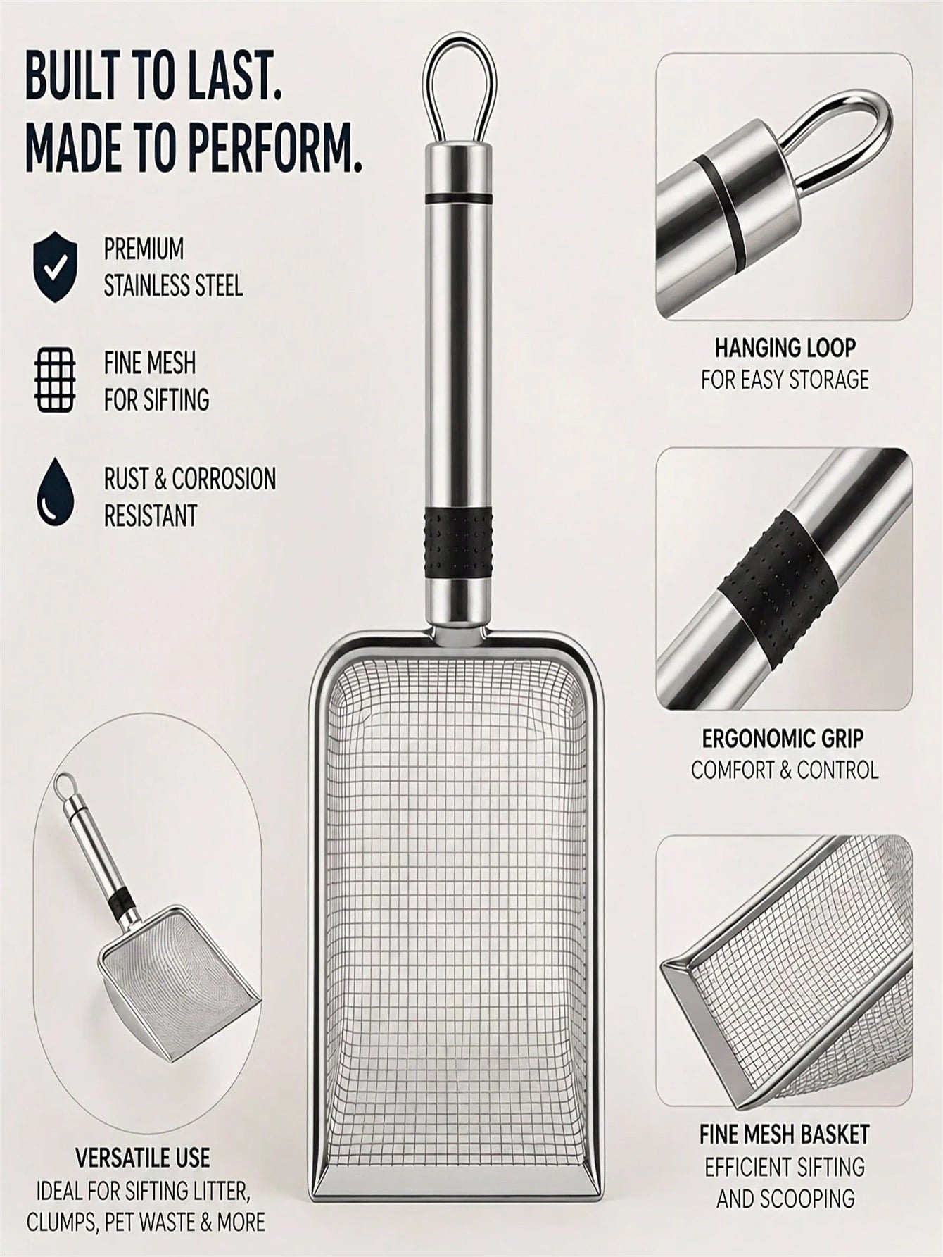 Durable Stainless Steel Cat Litter Scoop, Easy To Clean Pet Waste Shovel