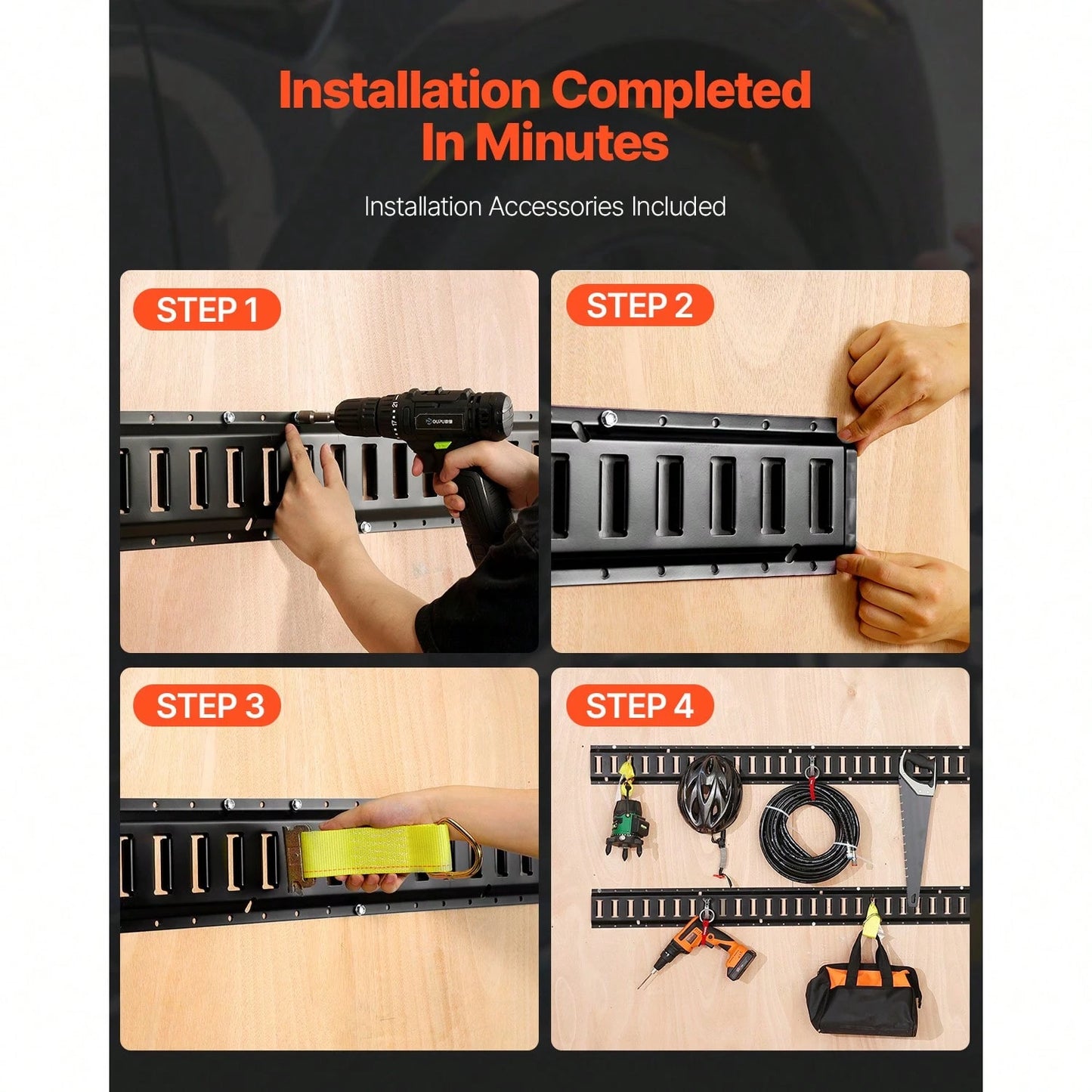 E Track Tie-Down Rail Kit, 18PCS 5FT E-Tracks Set Includes 4 Steel Rails & 2 Single Slot & 6 O Rings & 4 Tie-Offs With D-Ring & 2 Ratchet Straps, Securing Accessories For Cargo Motorcycles Bikes