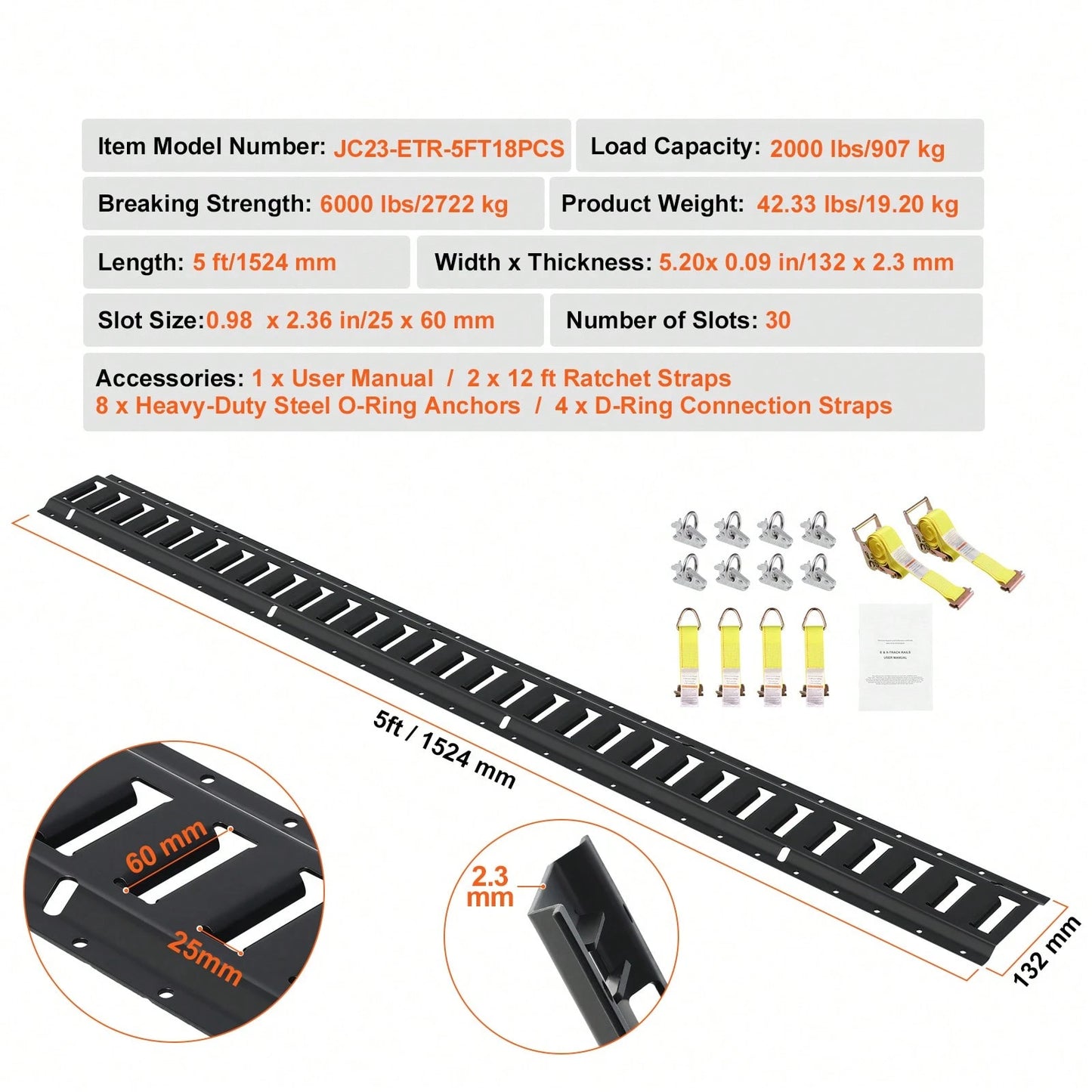 E Track Tie-Down Rail Kit, 18PCS 5' E-Tracks Set Includes 4 Steel Rails & 8 O-Ring Anchors & 4 Tie-Offs With D-Ring & 2 Ratchet Straps, Securing Accessories For Cargo Motorcycles Bikes, 2000 Lbs