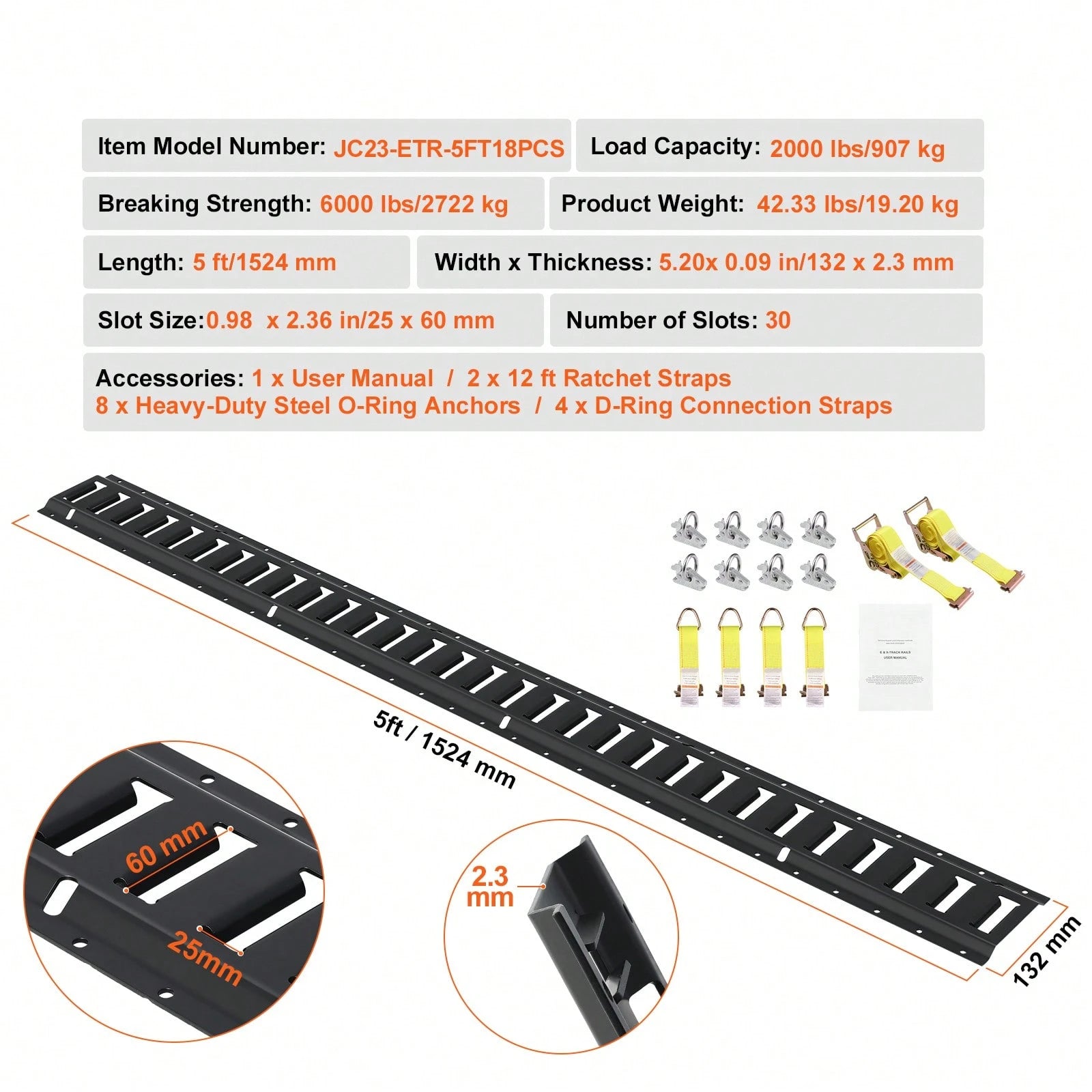E Track Tie-Down Rail Kit, 18PCS 5' E-Tracks Set Includes 4 Steel Rails & 8 O-Ring Anchors & 4 Tie-Offs With D-Ring & 2 Ratchet Straps, Securing Accessories For Cargo Motorcycles Bikes, 2000 Lbs