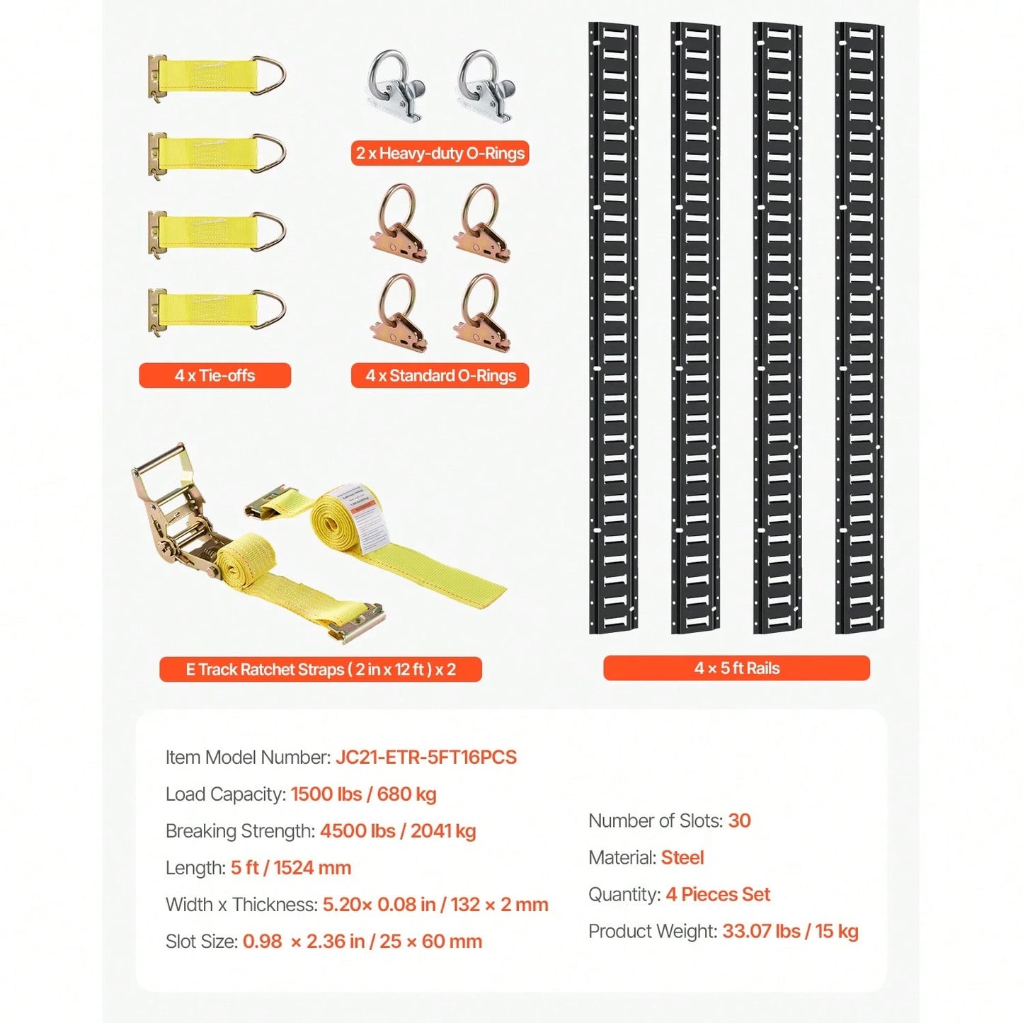 E Track Tie-Down Rail Kit, 18PCS 5FT E-Tracks Set Includes 4 Steel Rails & 2 Single Slot & 6 O Rings & 4 Tie-Offs With D-Ring & 2 Ratchet Straps, Securing Accessories For Cargo Motorcycles Bikes