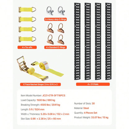 E Track Tie-Down Rail Kit, 18PCS 5FT E-Tracks Set Includes 4 Steel Rails & 2 Single Slot & 6 O Rings & 4 Tie-Offs With D-Ring & 2 Ratchet Straps, Securing Accessories For Cargo Motorcycles Bikes