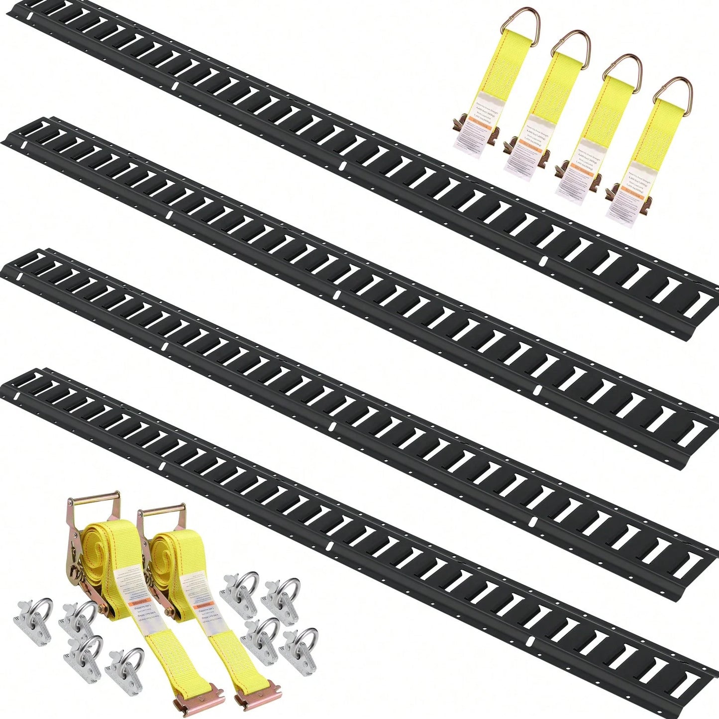E Track Tie-Down Rail Kit, 18PCS 5' E-Tracks Set Includes 4 Steel Rails & 8 O-Ring Anchors & 4 Tie-Offs With D-Ring & 2 Ratchet Straps, Securing Accessories For Cargo Motorcycles Bikes, 2000 Lbs