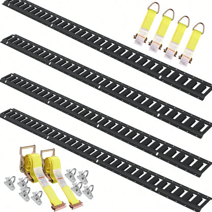 E Track Tie-Down Rail Kit, 18PCS 5' E-Tracks Set Includes 4 Steel Rails & 8 O-Ring Anchors & 4 Tie-Offs With D-Ring & 2 Ratchet Straps, Securing Accessories For Cargo Motorcycles Bikes, 2000 Lbs