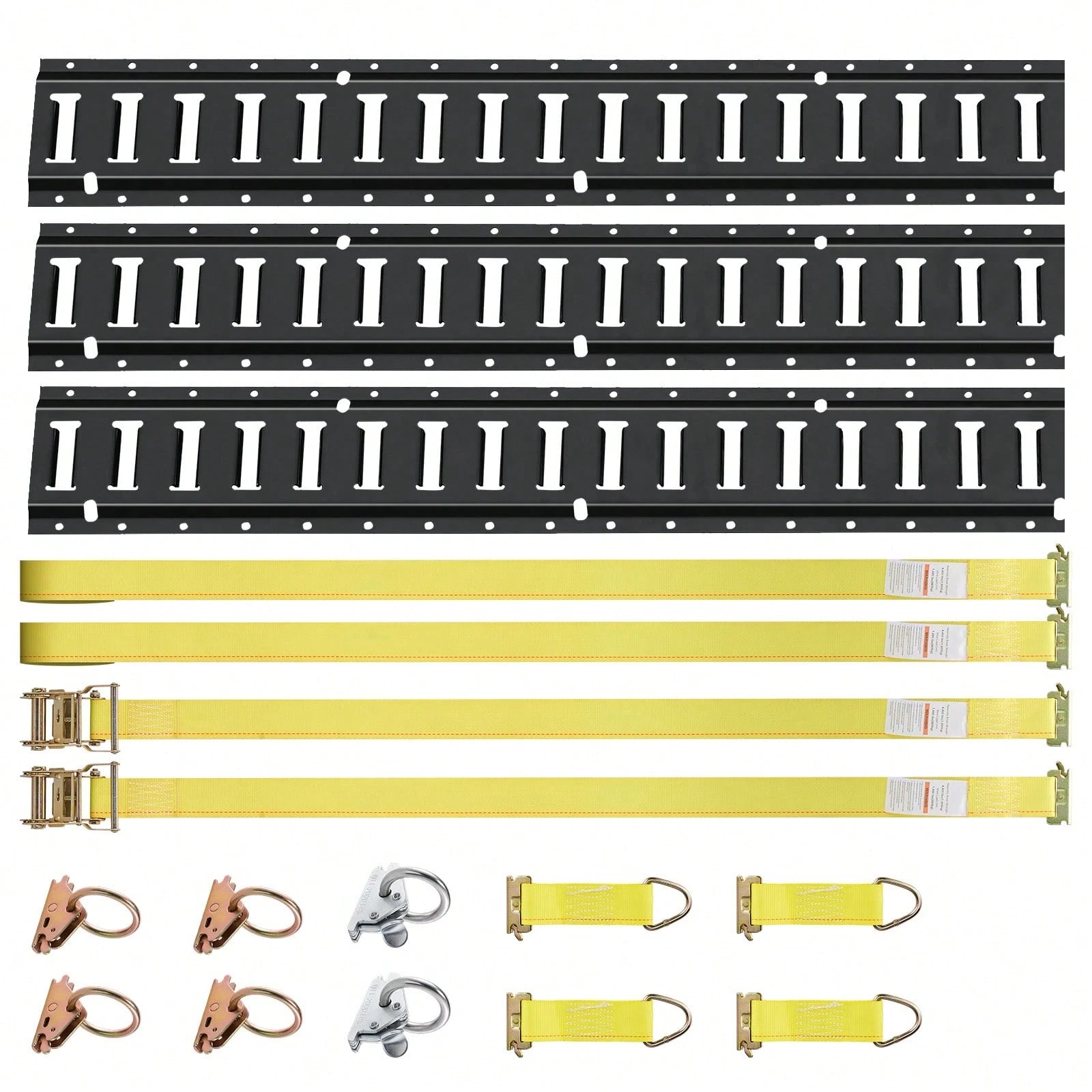 E Track Tie-Down Rail Kit, 18PCS 5FT E-Tracks Set Includes 4 Steel Rails & 2 Single Slot & 6 O Rings & 4 Tie-Offs With D-Ring & 2 Ratchet Straps, Securing Accessories For Cargo Motorcycles Bikes
