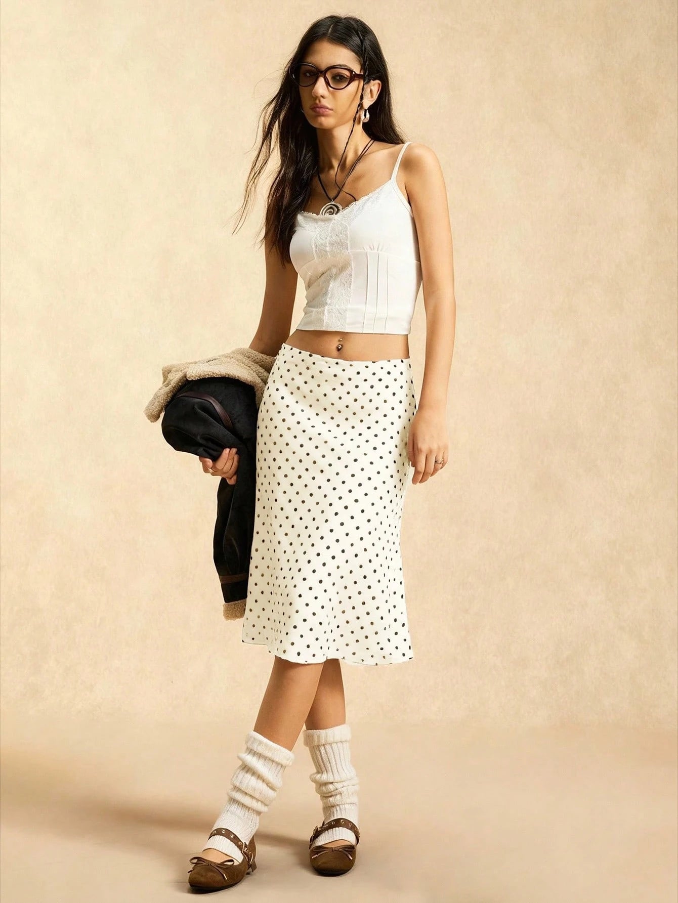 Easelle Coffee Brown Mesh Polka Dot Women's Casual Summer Skirt