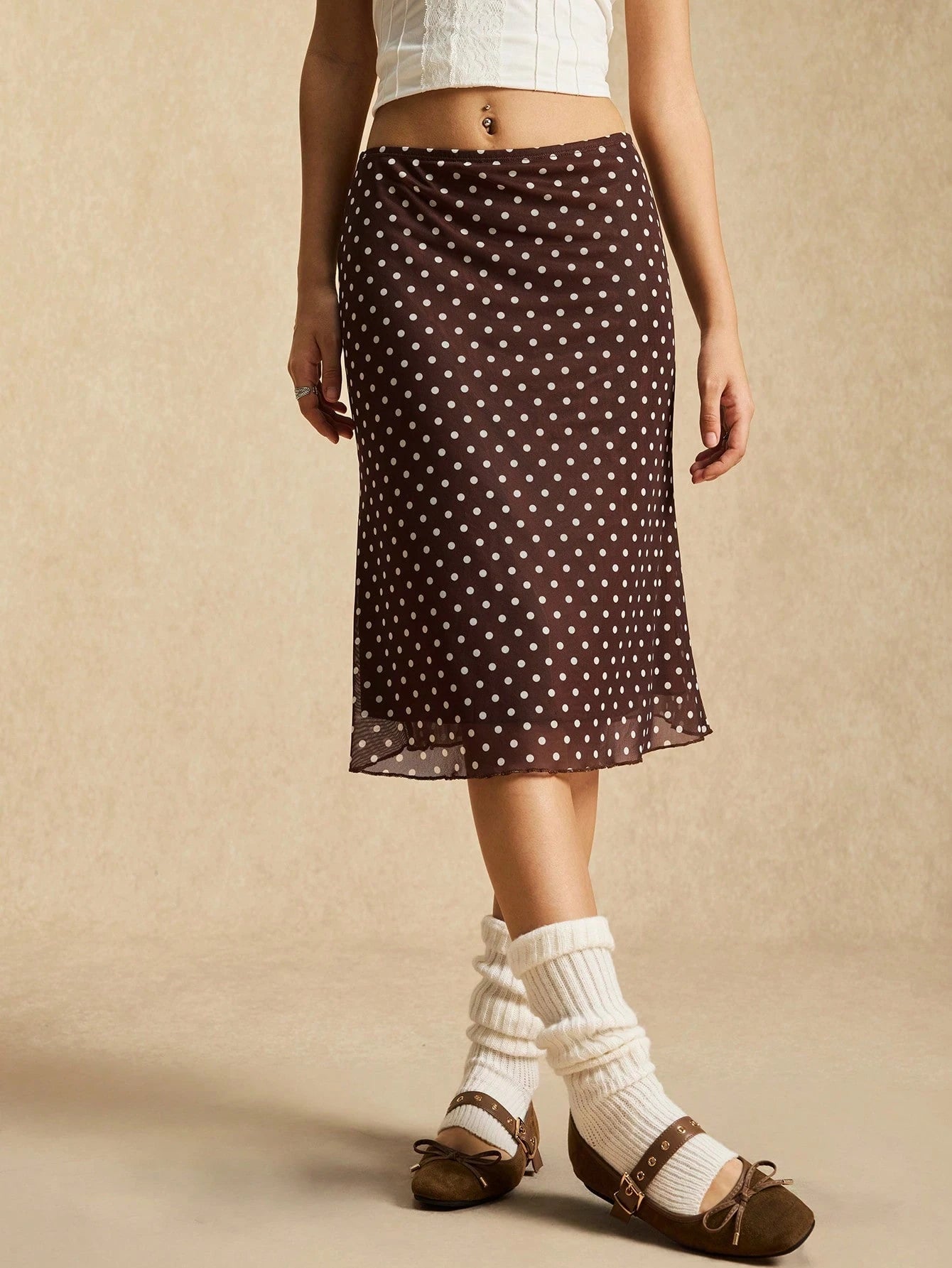 Easelle Coffee Brown Mesh Polka Dot Women's Casual Summer Skirt