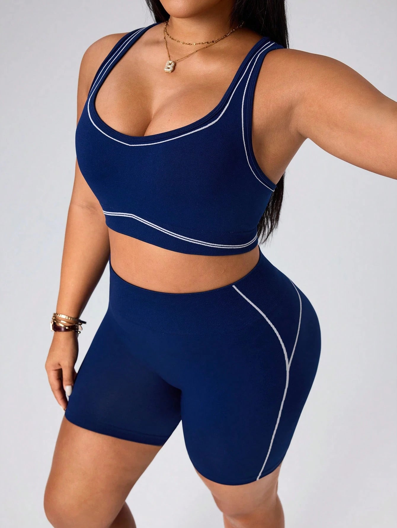 Easithlete Plus Size Women's Colorblock Cropped Top And High Waist Shorts Casual Daily Sports Shorts Gym Pilates Navy Blue Summer