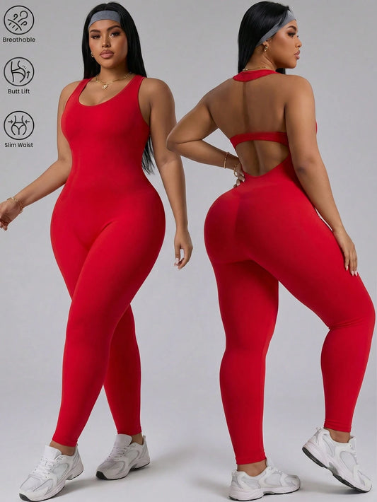 Easithlete Women's Plus Size Solid Color Casual Daily Gym Travel Sports Jumpsuit Red And White Summer