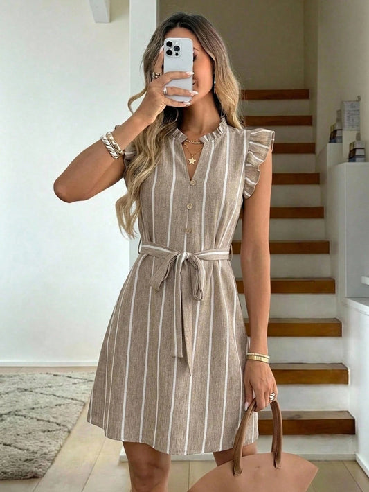 Easowa Women's Casual Elegant Pink And White Striped Belted Mini Dress, Summer Junina Vacation Formal Vacation Office Vacation Work Brunch Outfits For Women