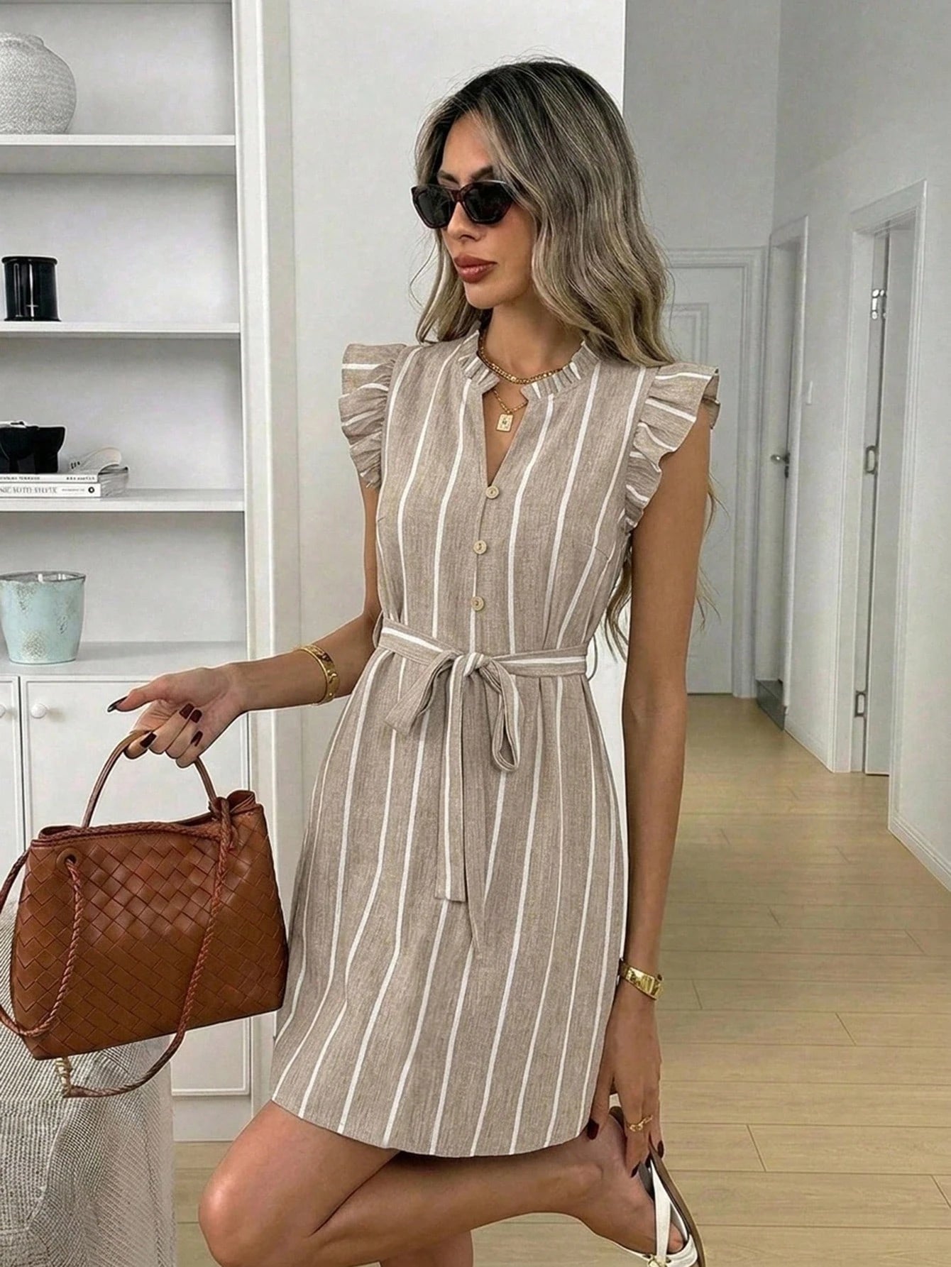 Easowa Women's Casual Elegant Pink And White Striped Belted Mini Dress, Summer Junina Vacation Formal Vacation Office Vacation Work Brunch Outfits For Women