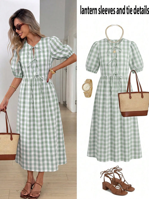 Easowa Women's Plaid Short Petal Sleeve Front Tie Casual French French Cottage Core Modest Midi Dress Vacation Sage Green Summer Vacation Garden Party