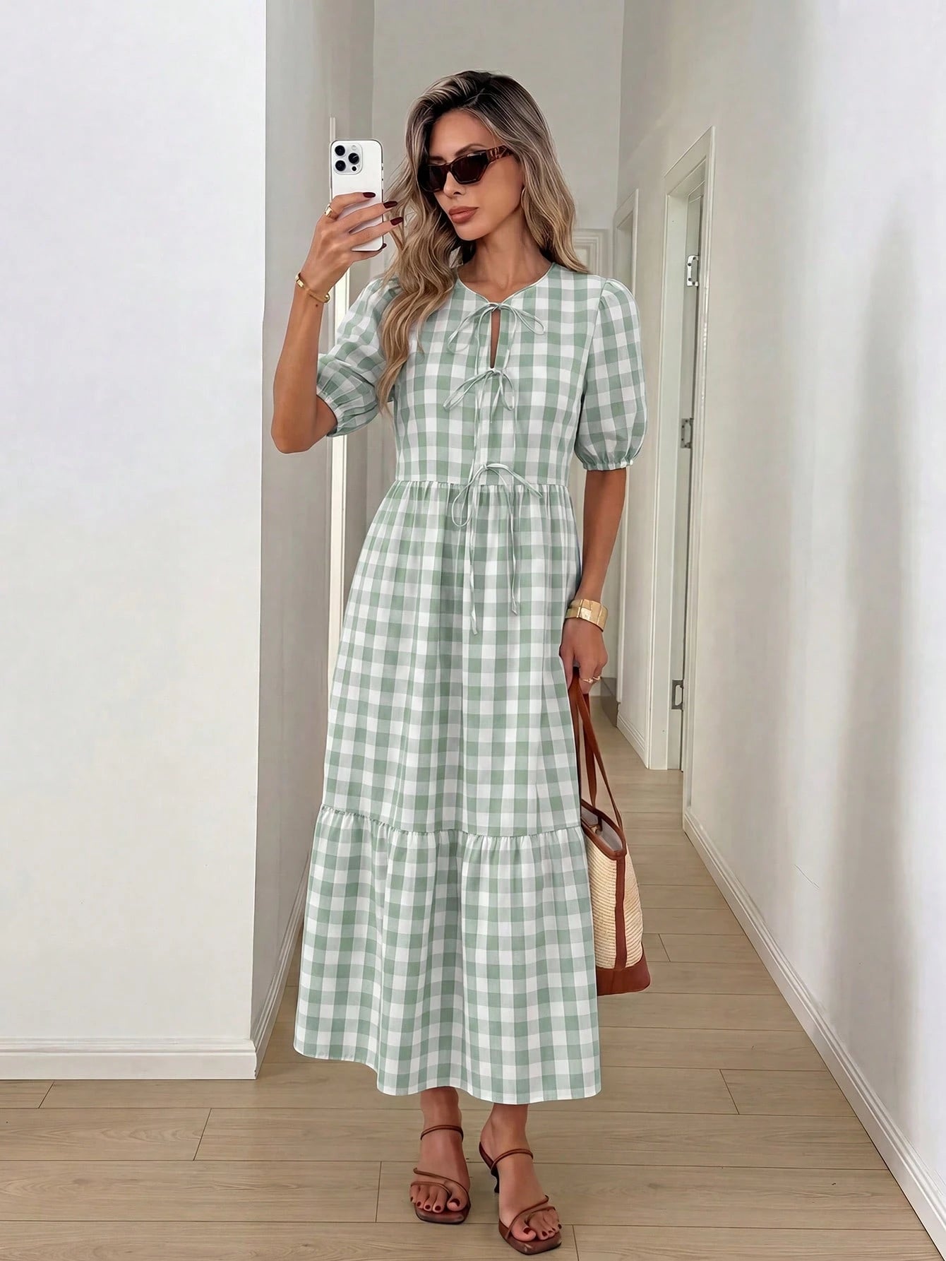 Easowa Women's Plaid Short Petal Sleeve Front Tie Casual French French Cottage Core Modest Midi Dress Vacation Sage Green Summer Vacation Garden Party