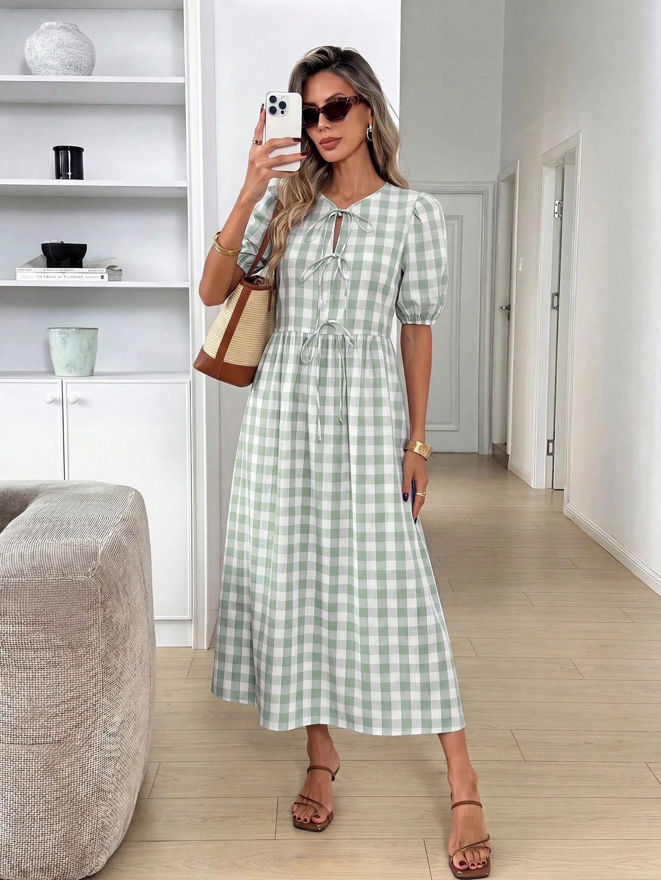 Easowa Women's Plaid Short Petal Sleeve Front Tie Casual French French Cottage Core Modest Midi Dress Vacation Sage Green Summer Vacation Garden Party