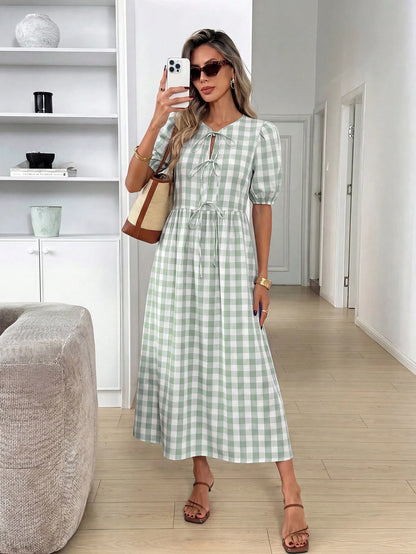 Easowa Women's Plaid Short Petal Sleeve Front Tie Casual French French Cottage Core Modest Midi Dress Vacation Sage Green Summer Vacation Garden Party