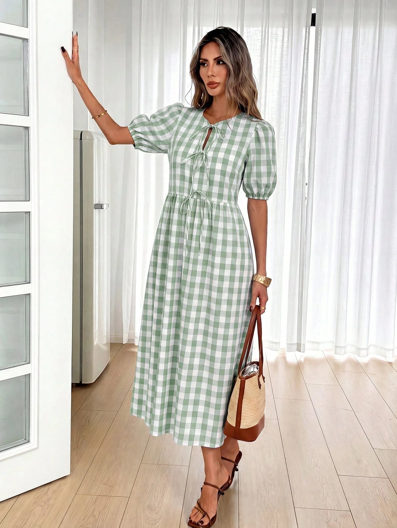 Easowa Women's Plaid Short Petal Sleeve Front Tie Casual French French Cottage Core Modest Midi Dress Vacation Sage Green Summer Vacation Garden Party