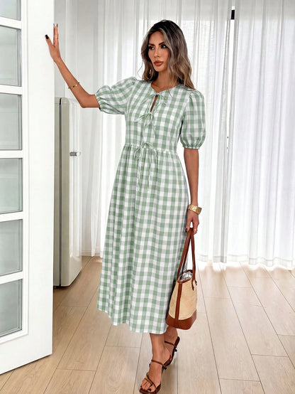 Easowa Women's Plaid Short Petal Sleeve Front Tie Casual French French Cottage Core Modest Midi Dress Vacation Sage Green Summer Vacation Garden Party