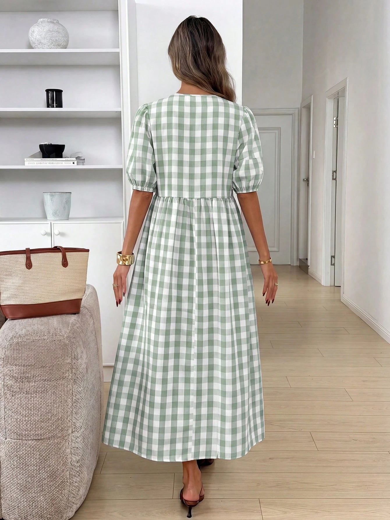 Easowa Women's Plaid Short Petal Sleeve Front Tie Casual French French Cottage Core Modest Midi Dress Vacation Sage Green Summer Vacation Garden Party