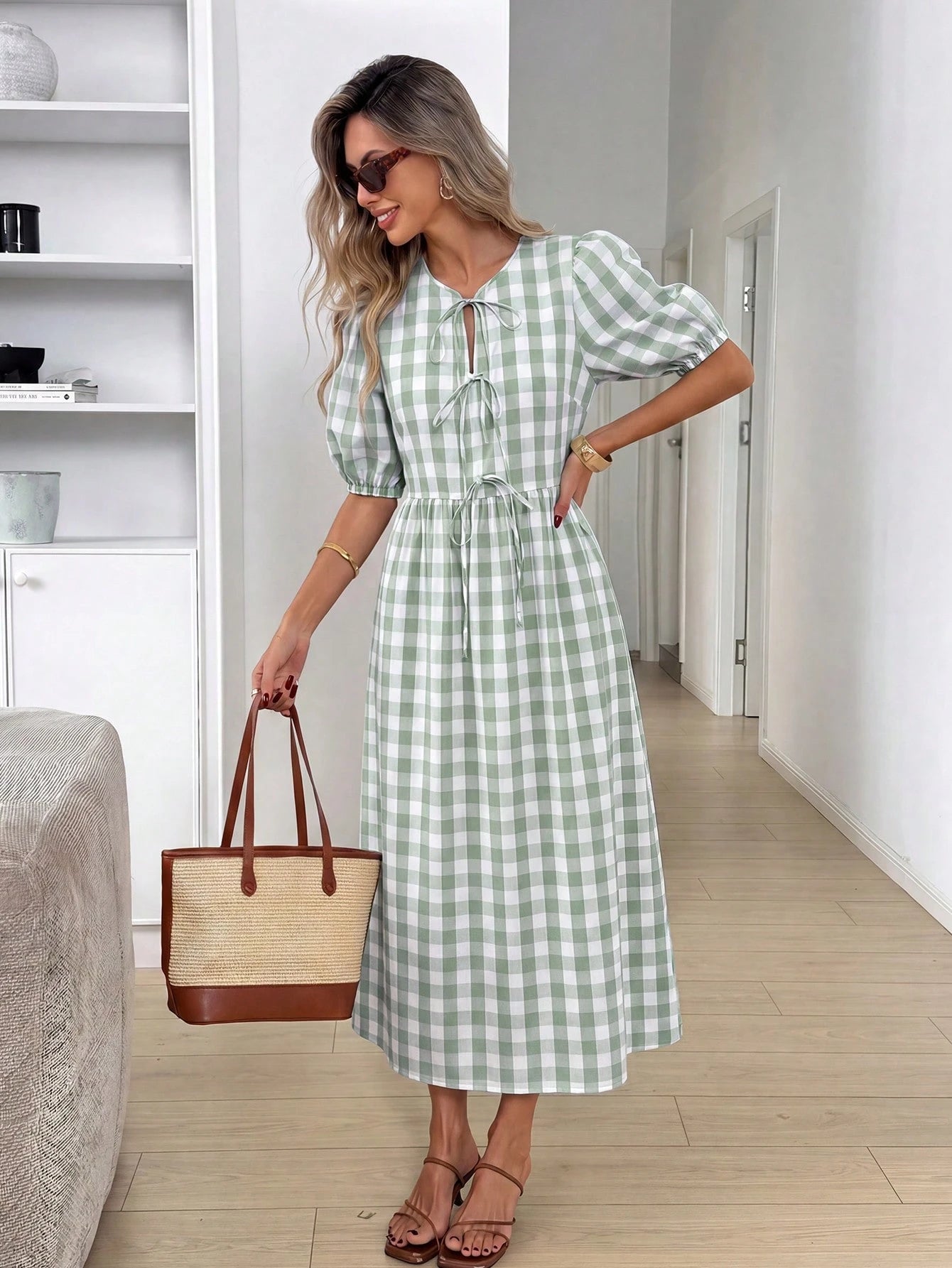 Easowa Women's Plaid Short Petal Sleeve Front Tie Casual French French Cottage Core Modest Midi Dress Vacation Sage Green Summer Vacation Garden Party