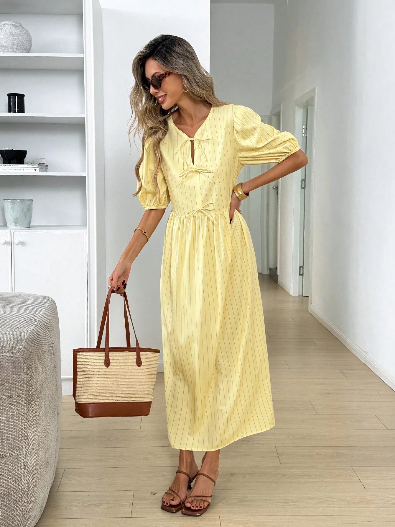 Easowa Women's Plaid Short Petal Sleeve Front Tie Casual French French Cottage Core Modest Midi Dress Vacation Sage Green Summer Vacation Garden Party