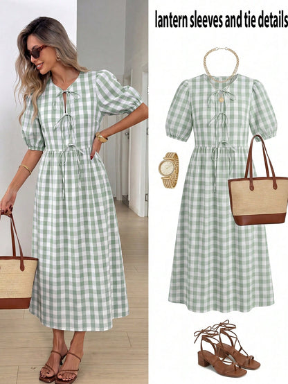 Easowa Women's Plaid Short Petal Sleeve Front Tie Casual French French Cottage Core Modest Midi Dress Vacation Sage Green Summer Vacation Garden Party