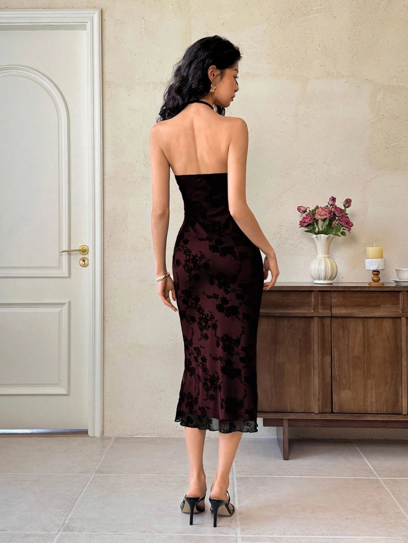 EastFlair Women's Halter Mid-Length Bodycon Dress,Burgundy,Winter,Elegant,Seductive,Date,Day Party,Chinese Style Qipao Asian Wedding Guest Birthday Party Dress
