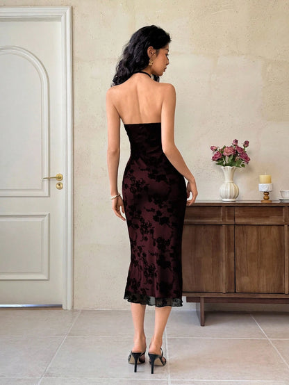 EastFlair Women's Halter Mid-Length Bodycon Dress,Burgundy,Winter,Elegant,Seductive,Date,Day Party,Chinese Style Qipao Asian Wedding Guest Birthday Party Dress