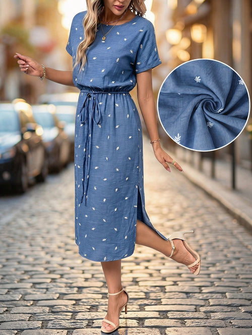 Editum Women's Elegant Boho Linen White And Blue Floral Flower Print Round Neck Tie Waist Side Slit Short Sleeve Midi Dress Summer Casual Vacation Date