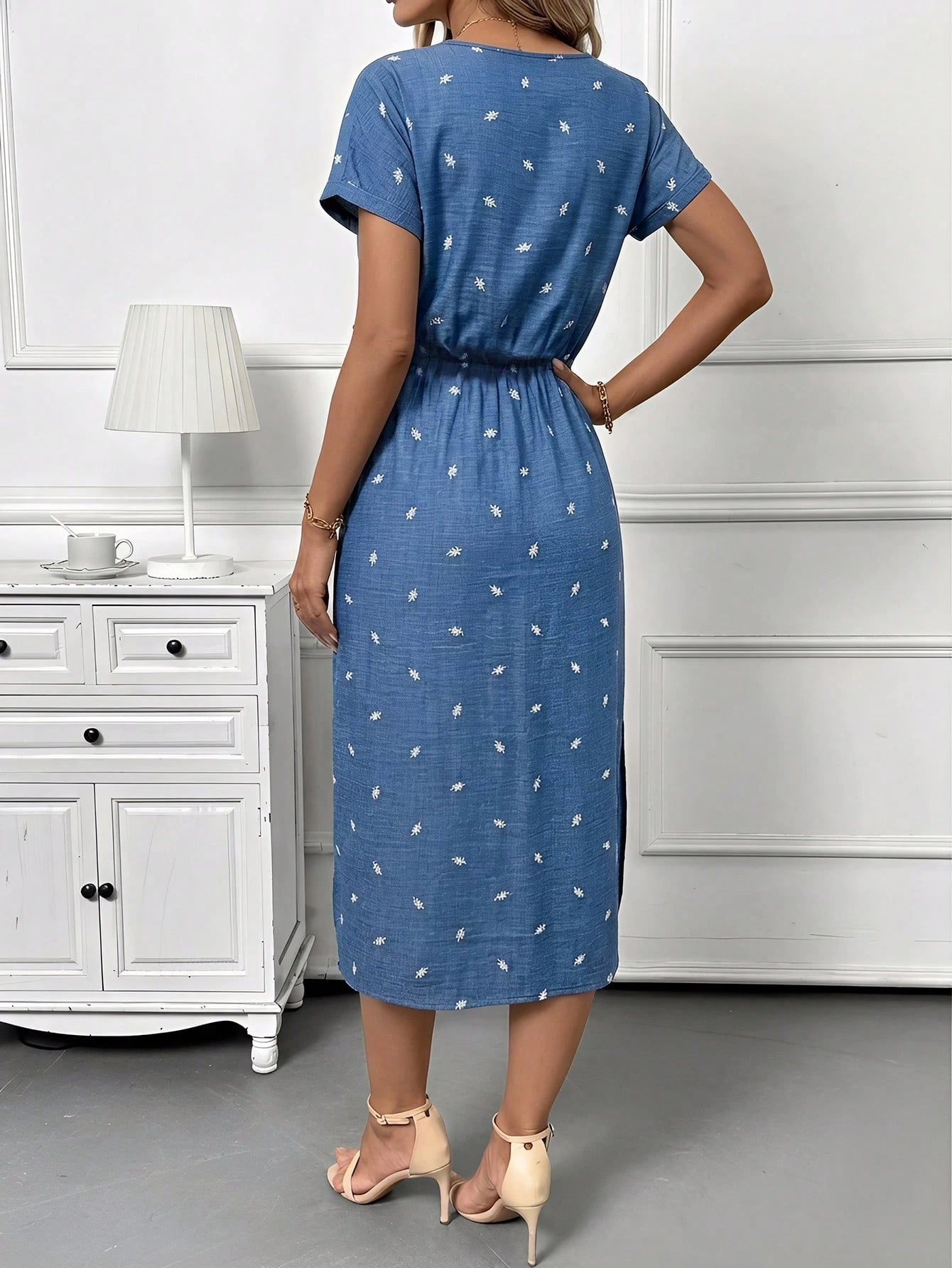 Editum Women's Elegant Boho Linen White And Blue Floral Flower Print Round Neck Tie Waist Side Slit Short Sleeve Midi Dress Summer Casual Vacation Date