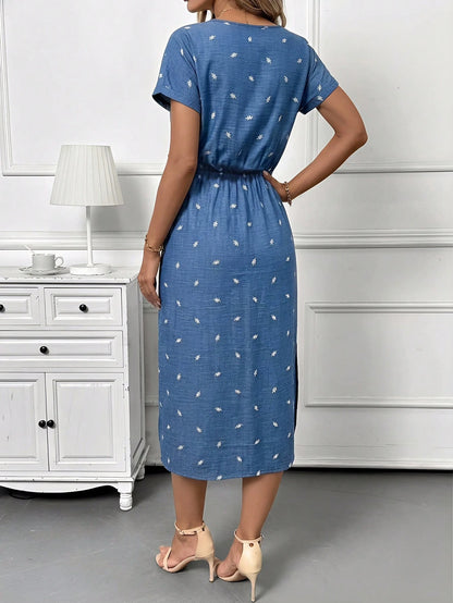 Editum Women's Elegant Boho Linen White And Blue Floral Flower Print Round Neck Tie Waist Side Slit Short Sleeve Midi Dress Summer Casual Vacation Date