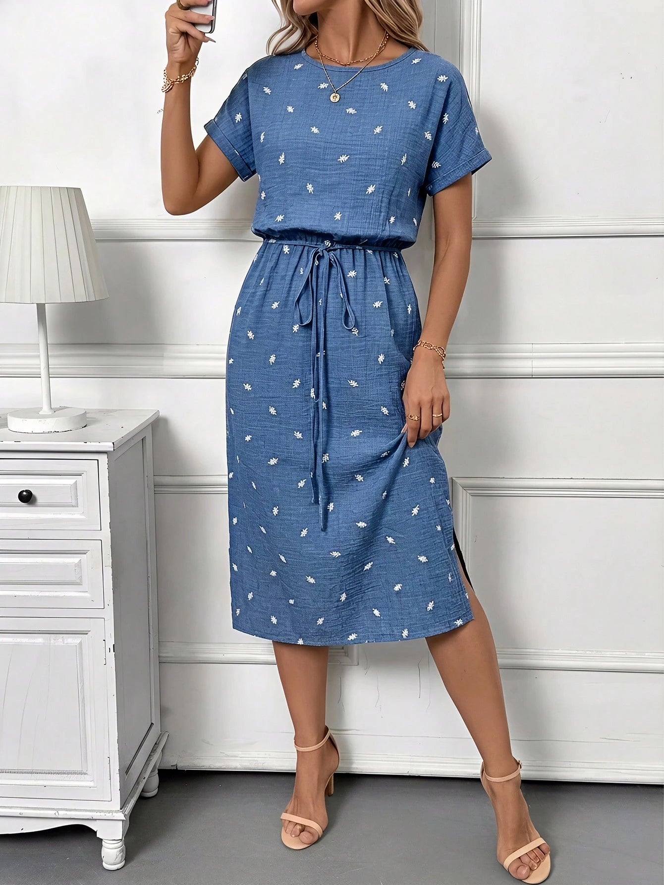 Editum Women's Elegant Boho Linen White And Blue Floral Flower Print Round Neck Tie Waist Side Slit Short Sleeve Midi Dress Summer Casual Vacation Date