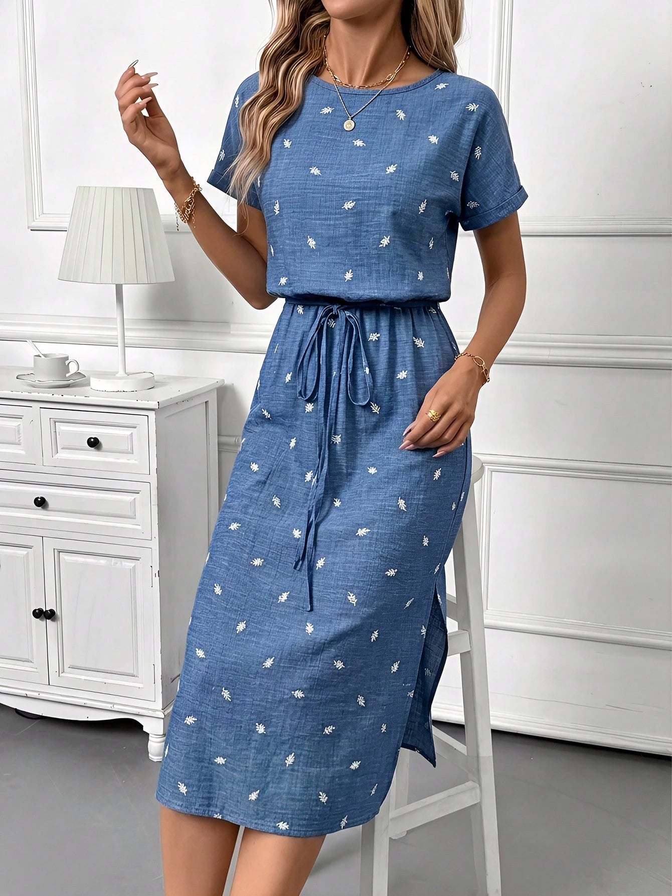 Editum Women's Elegant Boho Linen White And Blue Floral Flower Print Round Neck Tie Waist Side Slit Short Sleeve Midi Dress Summer Casual Vacation Date