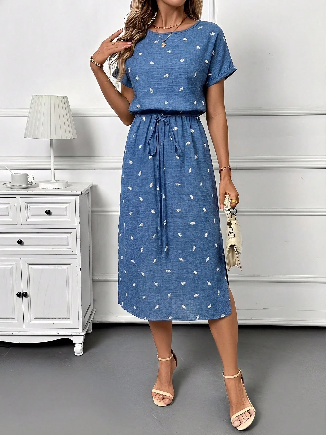 Editum Women's Elegant Boho Linen White And Blue Floral Flower Print Round Neck Tie Waist Side Slit Short Sleeve Midi Dress Summer Casual Vacation Date