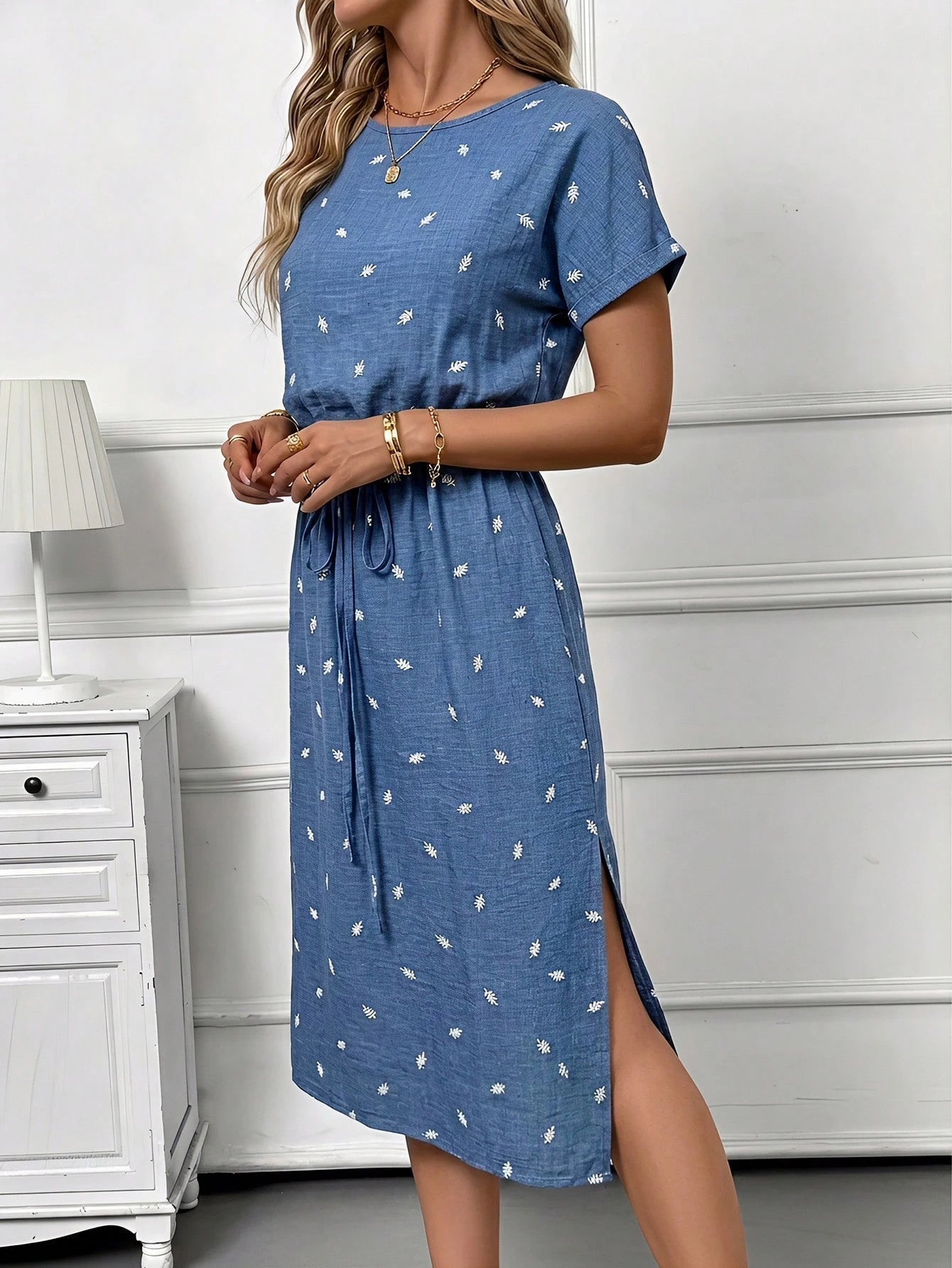 Editum Women's Elegant Boho Linen White And Blue Floral Flower Print Round Neck Tie Waist Side Slit Short Sleeve Midi Dress Summer Casual Vacation Date
