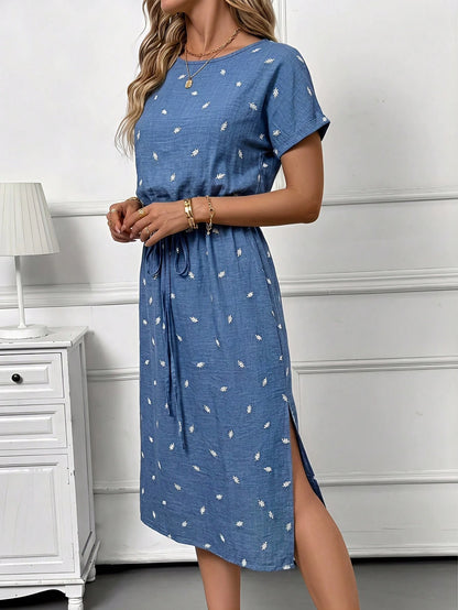 Editum Women's Elegant Boho Linen White And Blue Floral Flower Print Round Neck Tie Waist Side Slit Short Sleeve Midi Dress Summer Casual Vacation Date