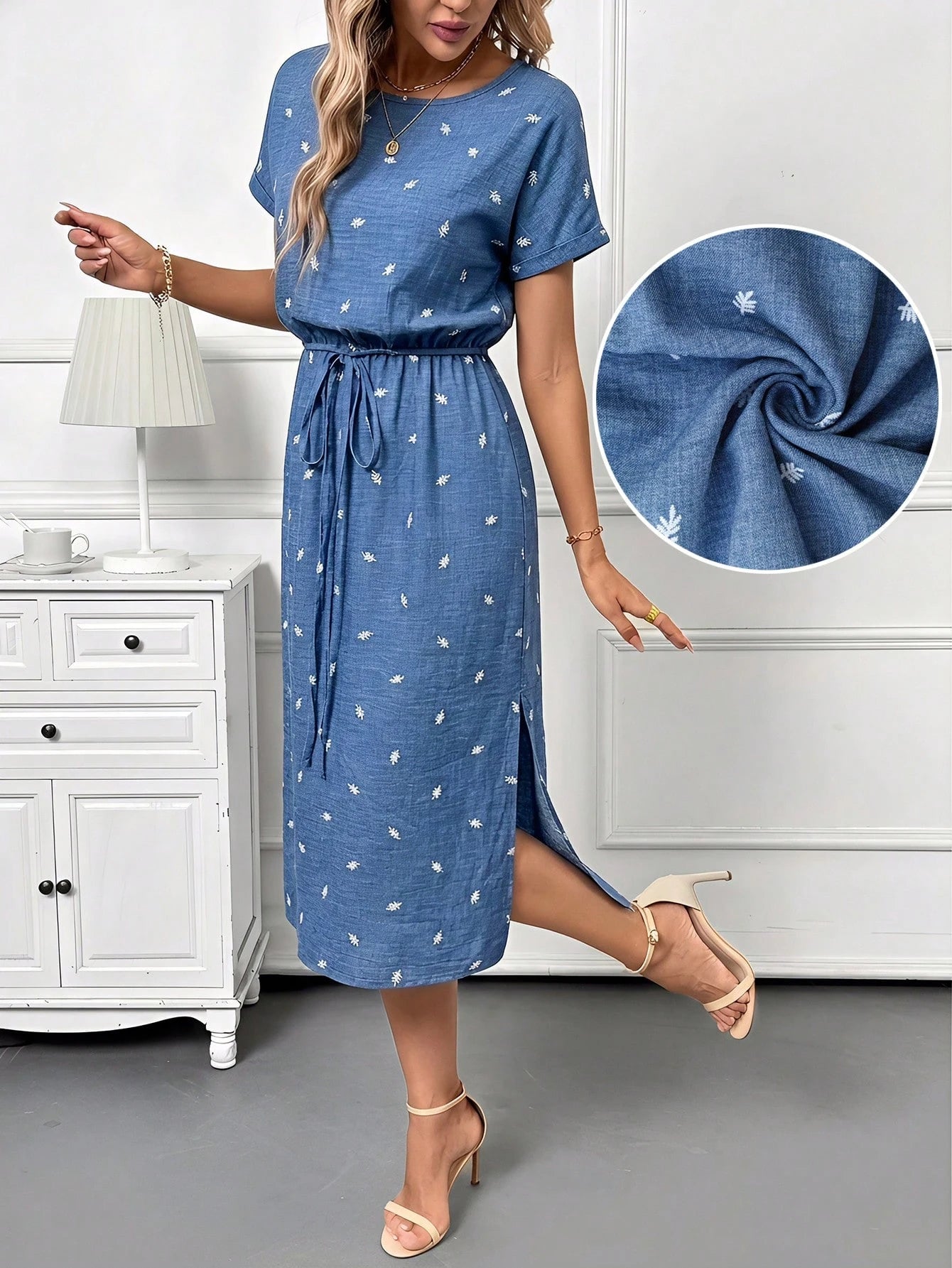 Editum Women's Elegant Boho Linen White And Blue Floral Flower Print Round Neck Tie Waist Side Slit Short Sleeve Midi Dress Summer Casual Vacation Date