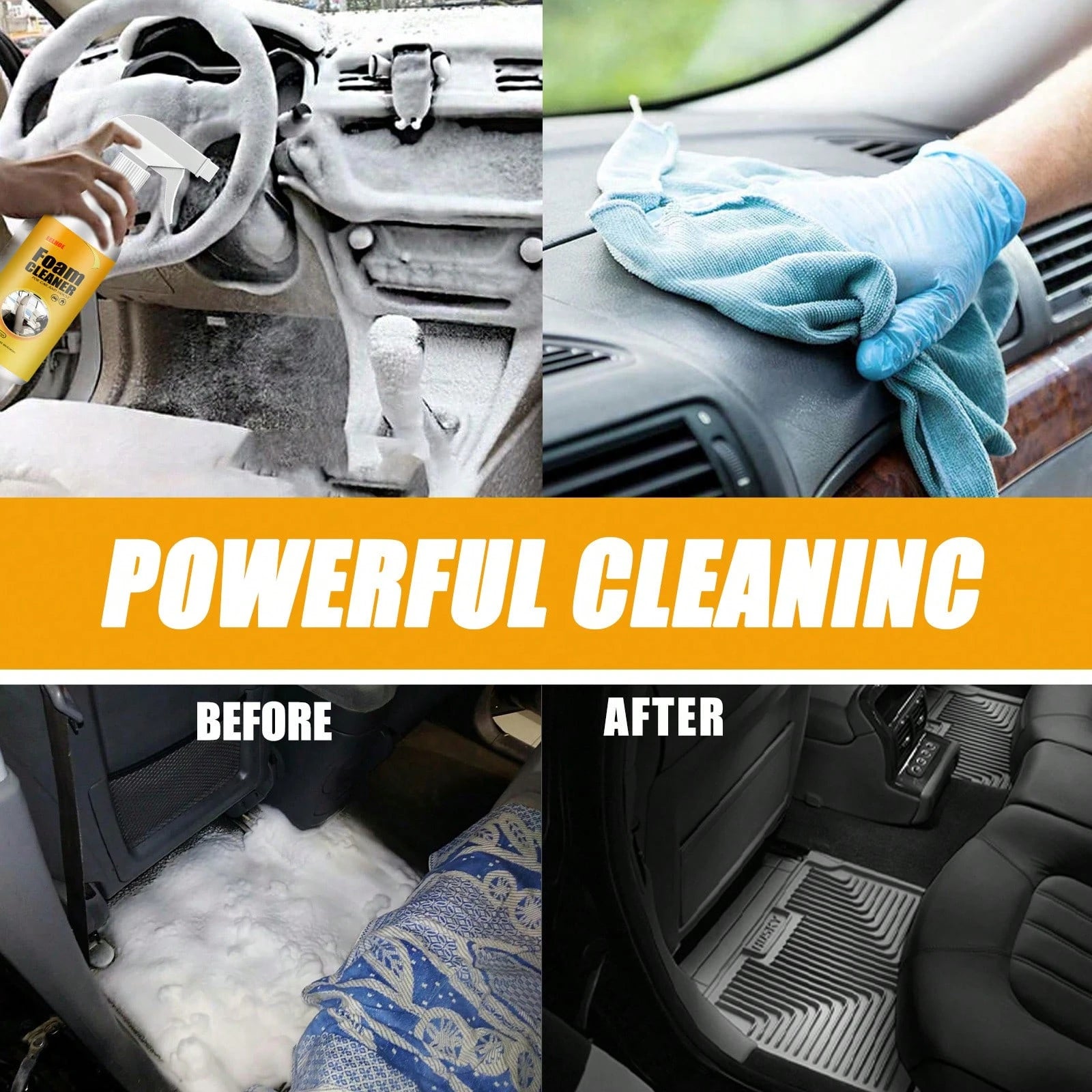 EELHOE Foam Cleaner Multi-Surface Upholstery Cleaner Car Interior Seats Stain Remover Odor Eliminator No-Rinse Formula Quick Dry