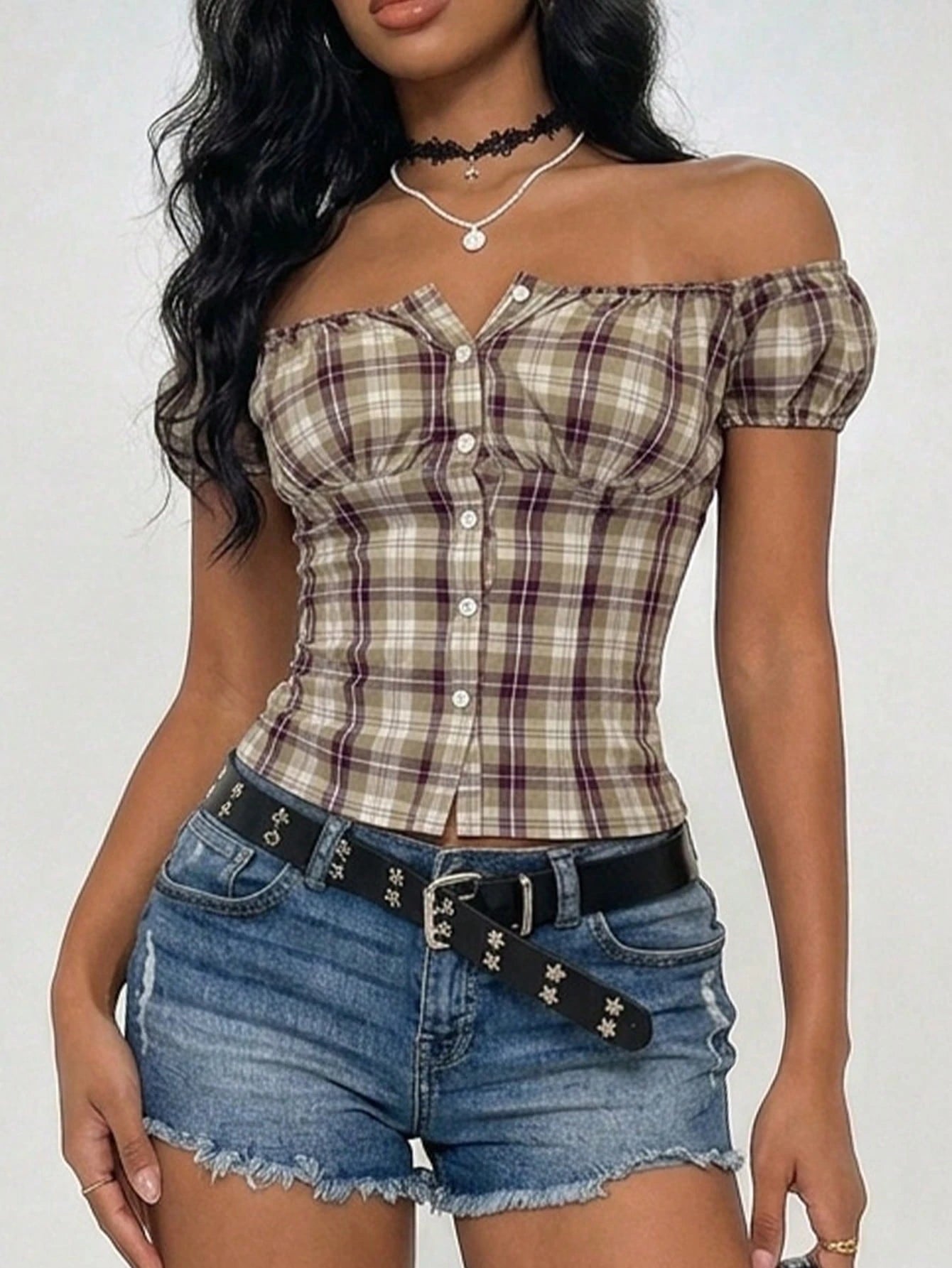 EgrlEra Women's Casual Off Shoulder Gingham Shirt With Waist Cinching, Slimming Fit, Spring/Summer
