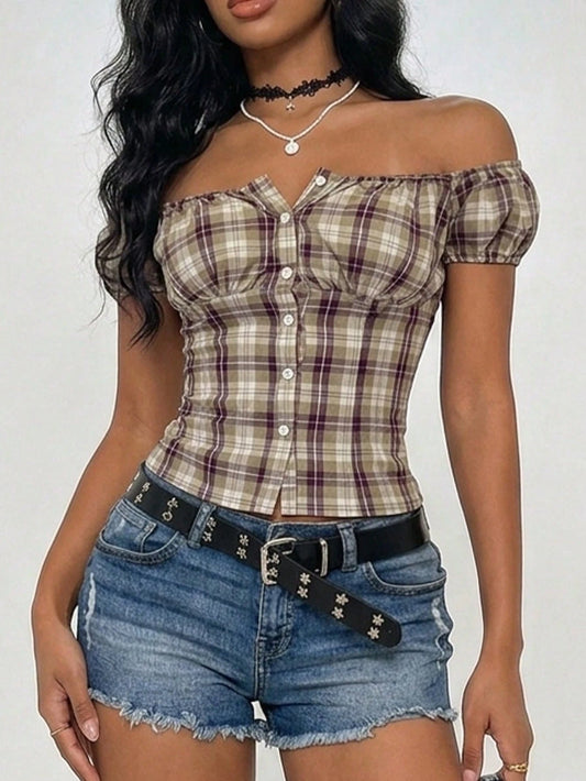 EgrlEra Women's Casual Off Shoulder Gingham Shirt With Waist Cinching, Slimming Fit, Spring/Summer
