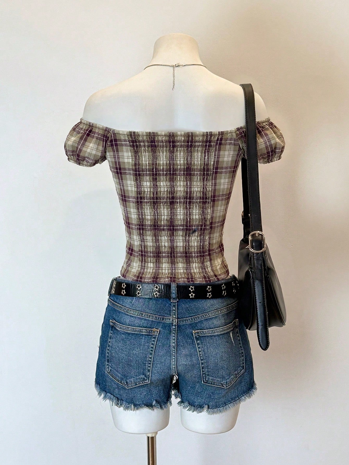 EgrlEra Women's Casual Off Shoulder Gingham Shirt With Waist Cinching, Slimming Fit, Spring/Summer