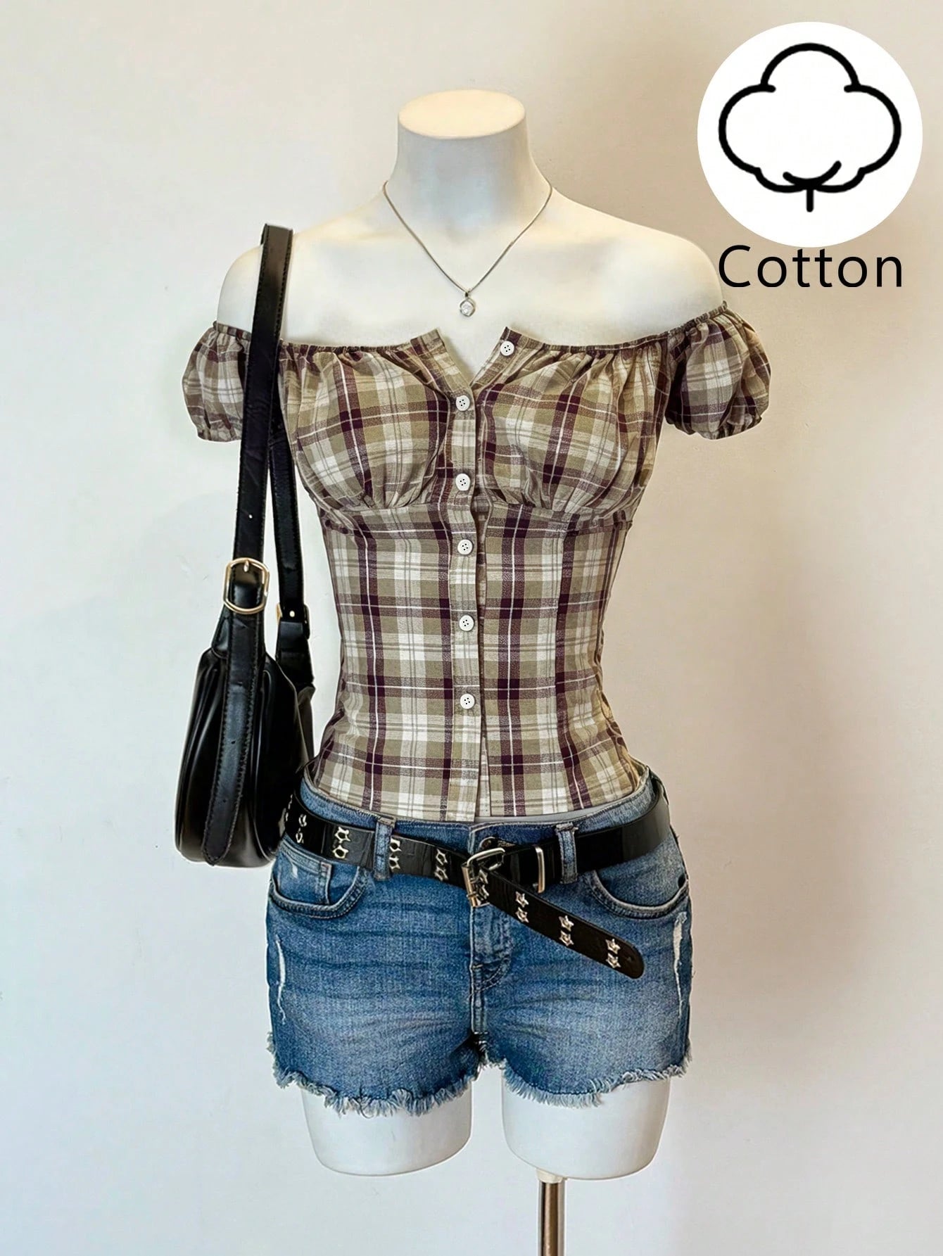 EgrlEra Women's Casual Off Shoulder Gingham Shirt With Waist Cinching, Slimming Fit, Spring/Summer