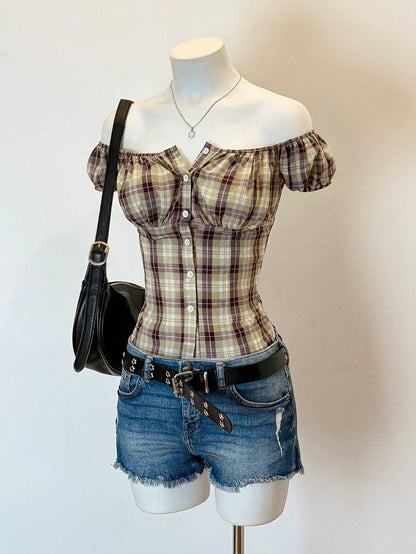 EgrlEra Women's Casual Off Shoulder Gingham Shirt With Waist Cinching, Slimming Fit, Spring/Summer