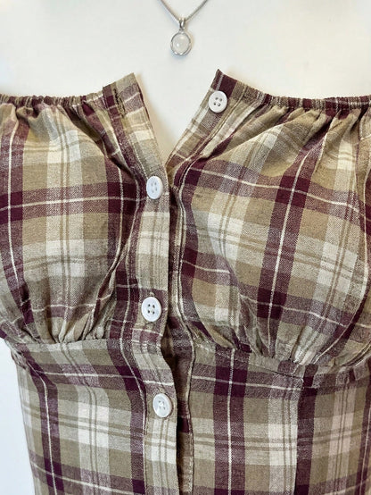 EgrlEra Women's Casual Off Shoulder Gingham Shirt With Waist Cinching, Slimming Fit, Spring/Summer
