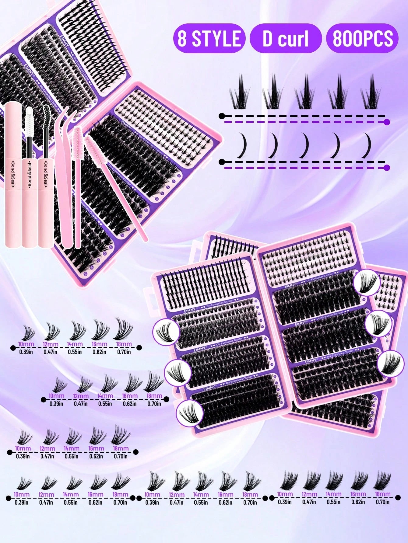 Eimny 800pcs Large Capacity Eyelash Book Set, Spiky Cartoon Style Eyelash Clusters, 40 Rows Russian Volume Curly Lashes With Bottom Lashes And Spikes, 40D To 120D, 2-In-1 Bonding Sealing Tweezers And